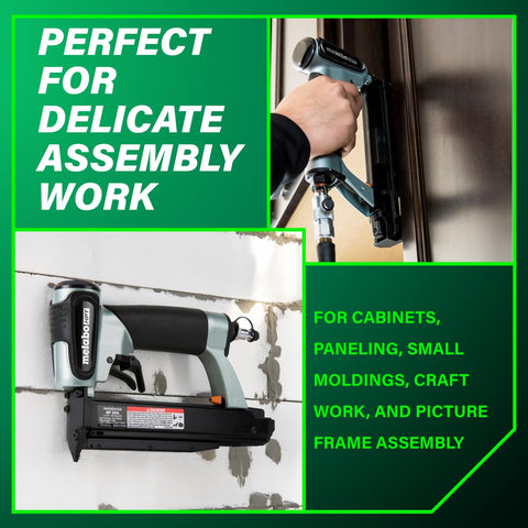 Lightweight 23 Gauge Headless Pin Nailer For Cabinets Trim And Crafting Slick Pro Grade Pneumatic Nailer With Auto Pin Length Adjustment From Five Eighths Inch To One And Three Eighths Inch Makes Invisible Holes Two Pound Tool in use
