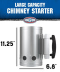 Heavy Duty Deluxe Charcoal Chimney Starter With Large Capacity Zinc Steel Build, side view showing stay-cool handle and dimensions.