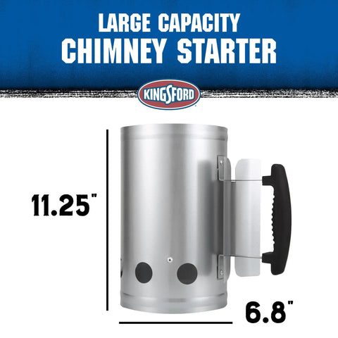 Heavy Duty Deluxe Charcoal Chimney Starter With Large Capacity Zinc Steel Build, side view showing stay-cool handle and dimensions.