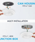 4 Inch LED Disk Lights 6 Pack, Dimmable 10W Ceiling Fixtures, Color Tunable 2700K To 5000K, J Box or 4 Can Install diagram