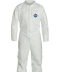 Front view of Disposable Protective Coverall With Open Wrists And Ankles White 2X Large 25 Pack Built For Comfort Fit Elastic Waist Longer Zipper