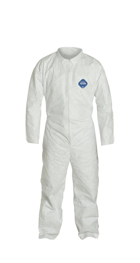 Front view of Disposable Protective Coverall With Open Wrists And Ankles White 2X Large 25 Pack Built For Comfort Fit Elastic Waist Longer Zipper