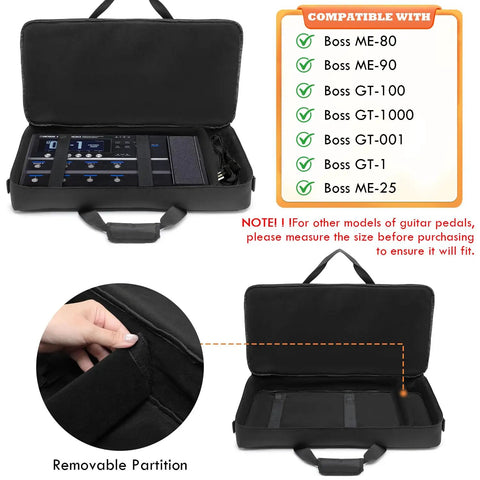 Open Carrying Bag For Boss Guitar Multi-Effects Pedals Like ME-80 ME-90 GT-1000 GX-100 showing cushioned compartments and partition.