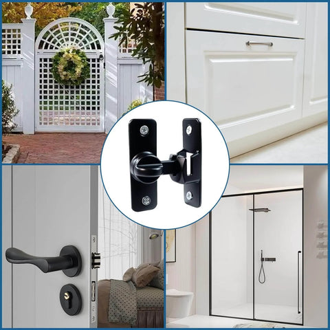 Heavy Duty 90 And 180 Degree Flip Barn Door Lock for cabinets, sliding doors, bathrooms, black zinc alloy latch installed.