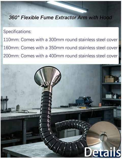 Tough Build Dust Collection Arm With Bendy 360 Degree Swivel Hose For Crowded Shop Welding Smoke Removal And No Sweat Air Filtration Up To Twenty Feet Long, showcasing flexible grey hose and stainless steel hood.