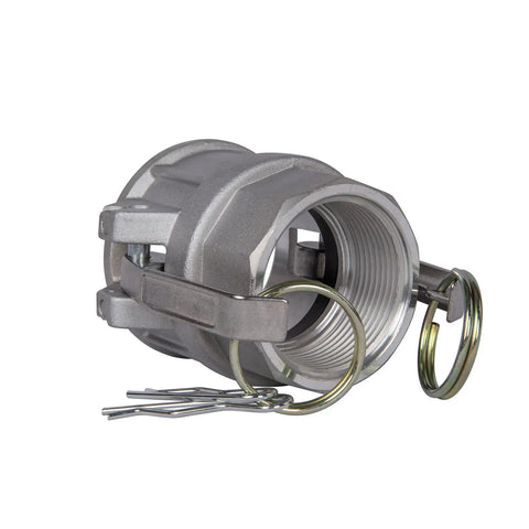 Pro Shop Gear Aluminum Camlock Fittings Pair 1 5 Inch Cam And Groove Hose Connectors Female Coupler With Female Npt Thread close-up view of gray aluminum coupler