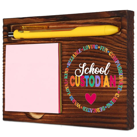 School Custodian Desk Organizer with pen trough and note pad holder, rustic wood, ideal gift for janitorial staff and custodians.