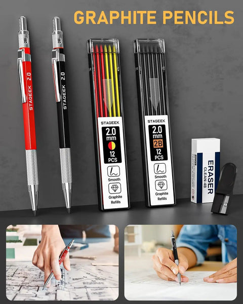Built Like A Tank Carpenter And Mechanical Pencil Kit Loaded With Multicolor Lead Refills For Grizzled Carpenters And Weekend Warriors Craving Flawless Layout Marking Tools, graphite pencils with lead refills displayed.