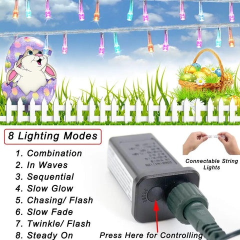 Pastel Easter String Lights 66 Feet 200 LED Indoor Outdoor Plug In With 8 Lighting Modes Clear Wire Fairy Lights controller