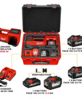 Waterproof Hard Case For M18 Cordless Tire Inflator 2848-20 with foam inserts and accessories, open to show contents, case only.