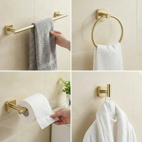 Matte Black 4 Piece Bathroom Hardware Set Dope Look Stainless Steel SUS304 Wall Mounted Towel Bar 23.6 Inch Towel Ring Toilet Paper Holder Coat Hook Rustproof Bath Fixture for Modern Bathrooms visible in a gold finish in modern bathroom setting.