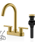 Brushed Gold Centerset Bathroom Faucet 4 Inch 2 Handle 3 Hole Sink Faucet With Pop Up Drain And Two Water Supply Lines