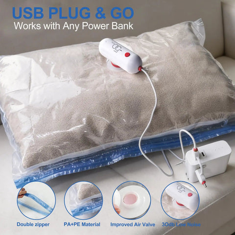 12 Pack Travel Vacuum Storage Bags With USB Electric Pump For On The Go Packing next to USB power bank and compressed clothes.