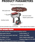 Heavy Duty Cordless Cable Puller With Wireless Brushless Motor For Easy Pipe Threading And Wall Wiring Jobs On Conduit Or Communication Lines Made Simple with features labeled including battery pack and wire storage reel.