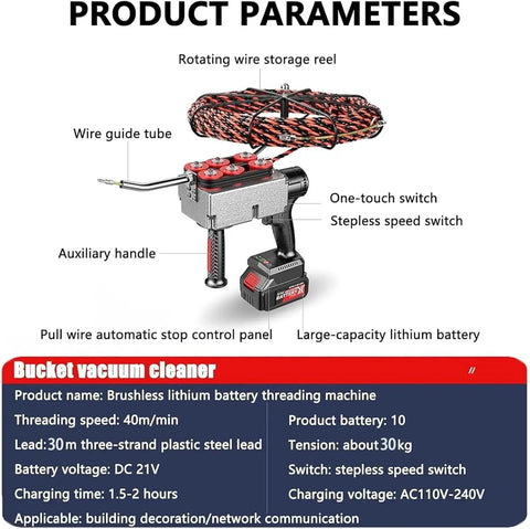 Heavy Duty Cordless Cable Puller With Wireless Brushless Motor For Easy Pipe Threading And Wall Wiring Jobs On Conduit Or Communication Lines Made Simple with features labeled including battery pack and wire storage reel.