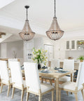 Dining room with Farmhouse Boho Chandelier With Handmade Wood Beads For Dining Room Or Living Room, Natural Solid Wood Beads