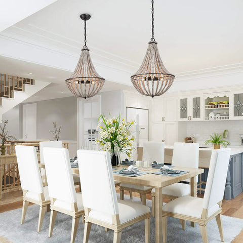 Dining room with Farmhouse Boho Chandelier With Handmade Wood Beads For Dining Room Or Living Room, Natural Solid Wood Beads