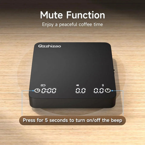 Game Changing Digital Coffee Scale With 2 Kg Capacity And 0.1g Precision, top view showing mute function and black design.