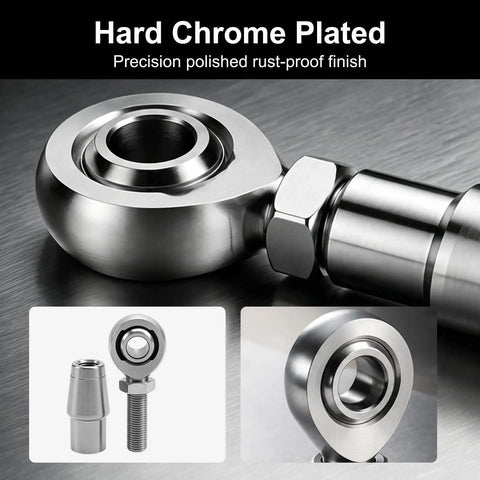 Close-up of Tough As Nails 3/8 Inch Chromoly Steel Rod End Heim Joint Kit showing durable chrome-plated finish and threaded design.