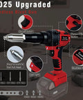 Upgraded Brushless Cordless Rivet Gun Tool Compatible With Milwaukee 18v Battery Includes Three Sizes Aluminum Rivets And Bright LED Light For Daily Workhorse Tasks No Battery Included Red close-up of features and components