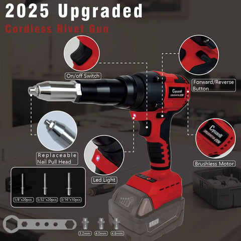 Upgraded Brushless Cordless Rivet Gun Tool Compatible With Milwaukee 18v Battery Includes Three Sizes Aluminum Rivets And Bright LED Light For Daily Workhorse Tasks No Battery Included Red close-up of features and components