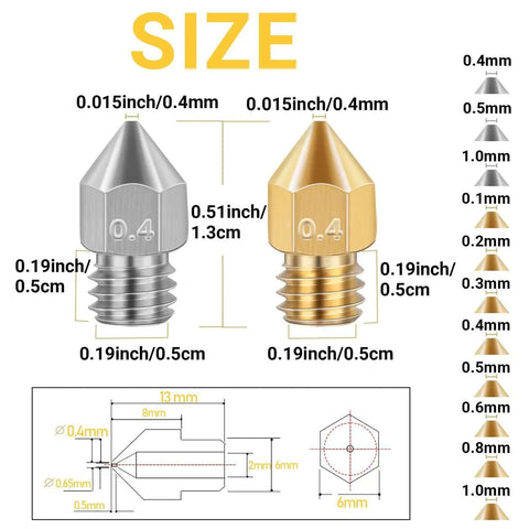Diagram of 0.4mm brass and stainless steel nozzles from 50 Piece Mk8 3D Printer Nozzle Set for CR 10 Ender 3 showing size measurements