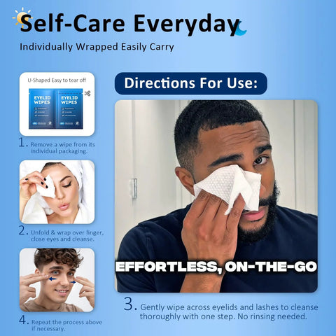 Eyelid and lash wipes, 30 ct, tea tree oil for sensitive eyes; individually wrapped eye cleansing cloths (front view)