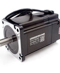 NEMA 34 integrated servo motor with built-in encoder, side view, black housing, silver faceplate, protruding shaft.