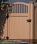 Dual Sided Lockable Magnetic Gate Latch Matte Black on a wood fence gate with vertical slats and an arched top.