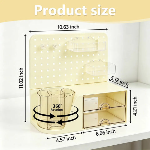 Desk Organizer With 360 Degree Rotating Pen Holder Five Slots Two Drawers Open Top Tray And Pegboard Cream Finish dimensions shown