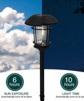 5 Pack Solar Outdoor Pathway Light With Glass Lantern-Style Head, showing day and night automatic dusk-to-dawn sensor in slate gray