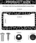 Leopard Print License Plate Frame Two Pack Aluminum Car Tag Frames With Screws Caps Front End Decor For Vehicles Durable Corrosion Resistant Auto Accessory showing size dimensions.