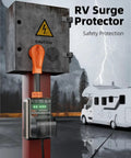 50 Amp RV Surge Protector With 16000 Joules, Waterproof Cover, Circuit Analyzer, And Plug Adapter in outdoor RV setup.