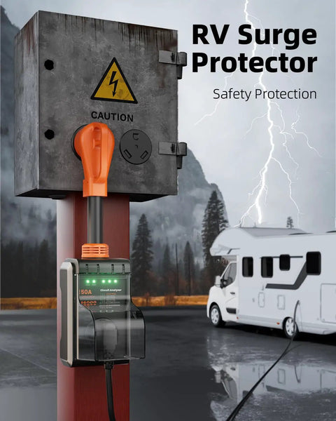50 Amp RV Surge Protector With 16000 Joules, Waterproof Cover, Circuit Analyzer, And Plug Adapter in outdoor RV setup.