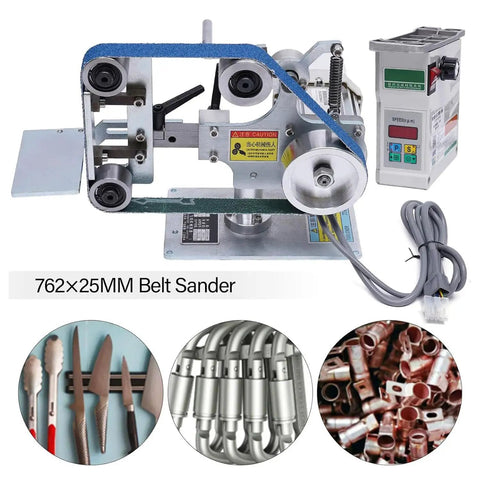Shop Ready Heavy Duty 550W Brushless Belt Sander Plus Bench Polisher with tools, belts, and parts on display and detail of the sander.