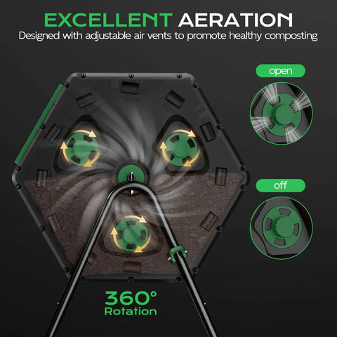 Dual Chamber 45 Gallon 170L Compost Tumbler With 360 Degree Rotating Design showing adjustable air vents for aeration.