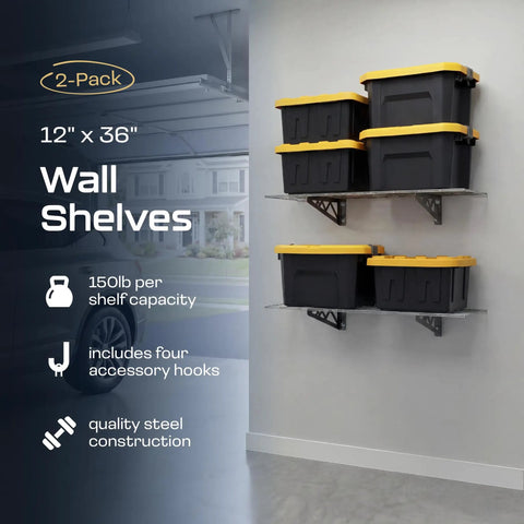 Garage Wall Shelf Two-Pack, Heavy-Duty Steel With Powder-Coated Finish, storing bins, 150 lb per shelf, 300 lb capacity, side view
