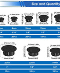 Size chart of Eight Size Nylon Hole Plugs Set With 135 Pieces In Plastic Box, showing dimensions from 1/4 in to 7/8 in.