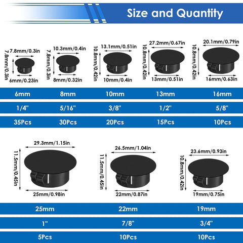 Size chart of Eight Size Nylon Hole Plugs Set With 135 Pieces In Plastic Box, showing dimensions from 1/4 in to 7/8 in.