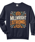 Millwright Strong Industrial Mechanic Gears Sweatshirt For Adults With Comfy Colors, navy blue, featuring wrench and gear graphics.