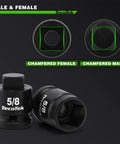 Rock Hard 10 Piece 1/2 Inch Drive Pipe Plug Socket Set showing chamfered male and female ends with 5/8 size.