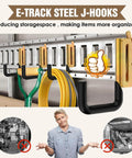 E Track Hooks 8 Pack With Spring Fittings installed on E-track rail holding cables and tools in a trailer, rust resistant plastic dip coated