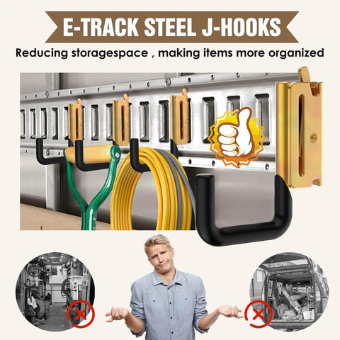 E Track Hooks 8 Pack With Spring Fittings installed on E-track rail holding cables and tools in a trailer, rust resistant plastic dip coated