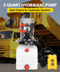 12V Hydraulic Power Pack With 3200 PSI Dual Acting Pump For Dump Trailers And Car Lifts, yellow dump truck in background.