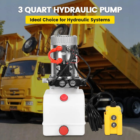 12V Hydraulic Power Pack With 3200 PSI Dual Acting Pump For Dump Trailers And Car Lifts, yellow dump truck in background.