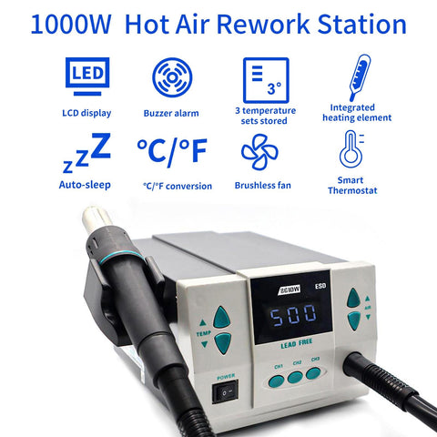 Beast 1000W Digital Hot Air Rework Station With Sleep Mode, nozzle gun displayed, LCD screen showing 500°C
