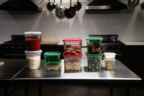 Two Pack 4 Qt Square Food Storage Containers With Green Lids, Microwave Safe And BPA Free, Translucent, Classic Series on kitchen counter