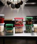 2 Pack Classic Series Square Food Storage Containers With Green Lids 4 Qt Commercial Grade Polycarbonate on kitchen counter