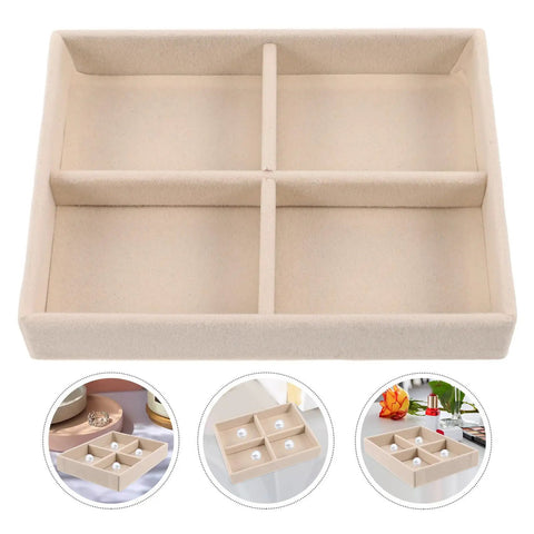 Beige Velvet Jewelry Display Tray With Four Grids And Sturdy Wooden Lid For Ring Bracelet Earring Storage Stackable Vanity Organizer To Keep Your Daily Bling Looking Sharp And Fly, top view of four-grid velvet organizer.