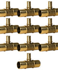Brass PEX Tee Crimp Fitting 1 Inch By 1 Inch By Half Inch For PEX B Pipe 10 Pack displayed in three rows.